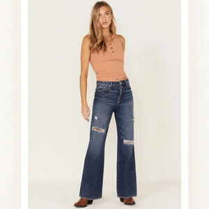 Cleo + Wolf Women's High Rise Patchwork Distressed Western Straight Jeans